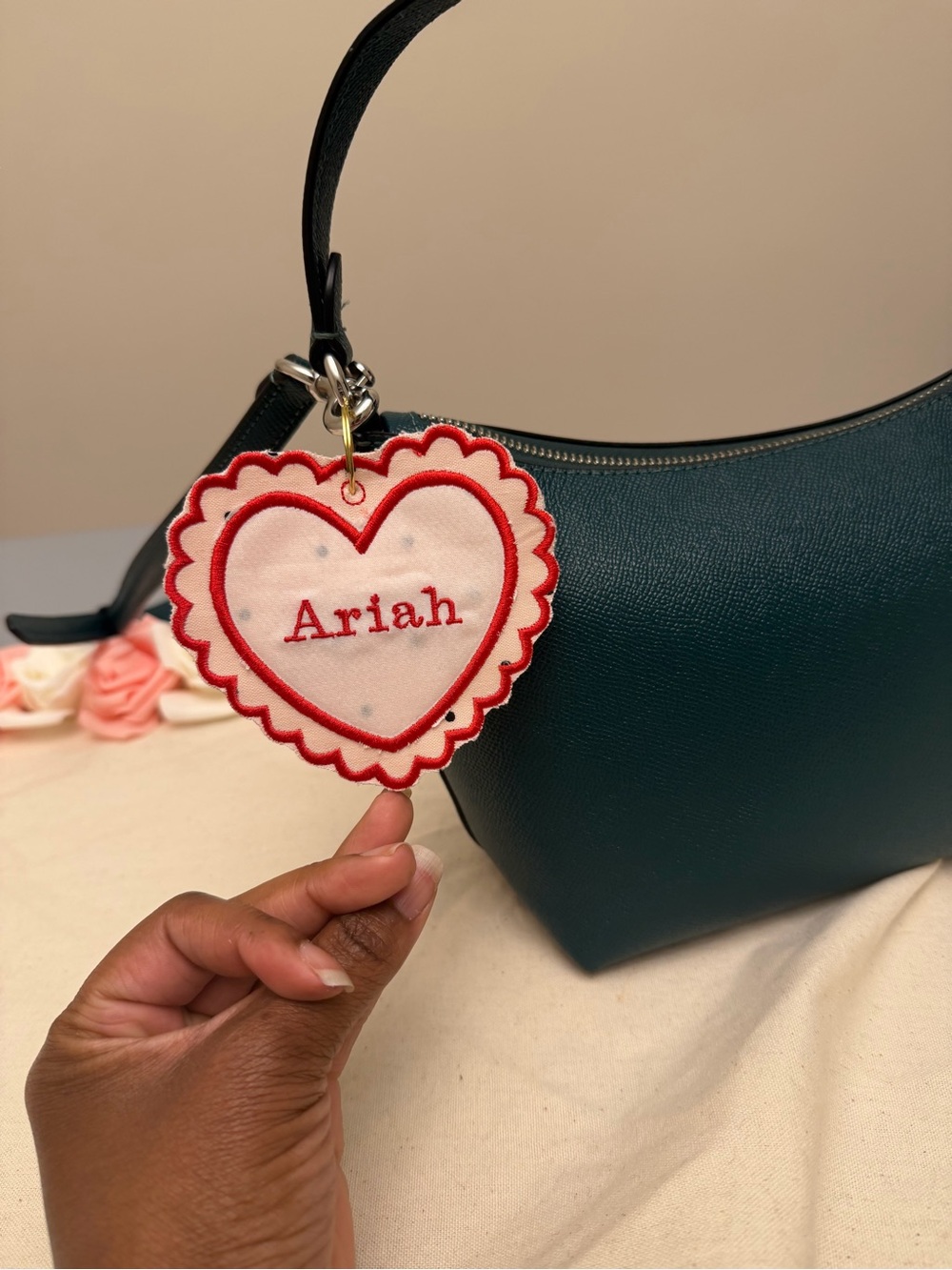 Personalized Heart Charm Bag Accessory - Red & White